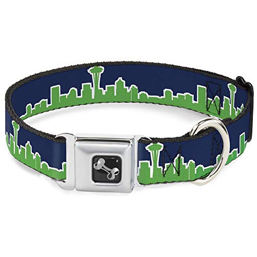 Buckle-Down Seattle Skyline Hundehalsband, 2,5 cm breit, passend für Halsumfang von 22,9–38,1 cm, Größe S, Marineblau/Hellgrün von Buckle-Down