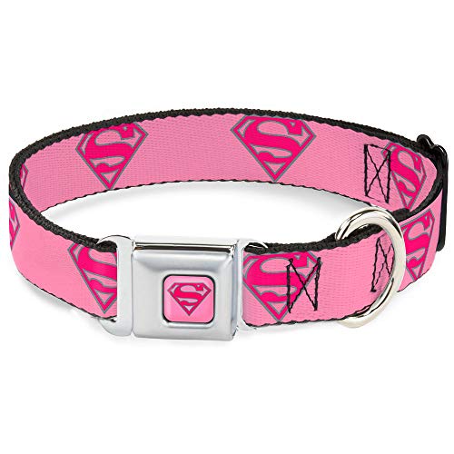 Buckle-Down Hundehalsband, Sicherheitsgurt-Schnalle, Superman-Schild, Rosa, 38,1 bis 66 cm, 2,5 cm breit von Buckle-Down