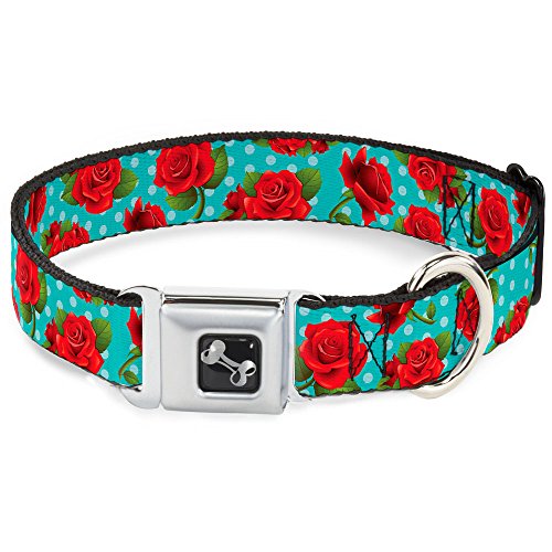Buckle-Down Sicherheitsgurt-Schnalle, Hundehalsband, rote Rosen/Punkte, Türkis, 3,8 cm breit, passend für Halsumfang von 45,7–81,3 cm, Größe L von Buckle-Down
