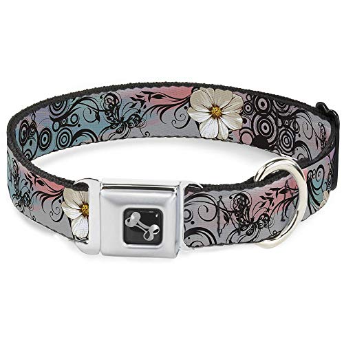 Buckle-Down Blumen mit filigranen Hundehalsband Pink Bone, breit Medium/40,6–58,4 cm von Buckle-Down