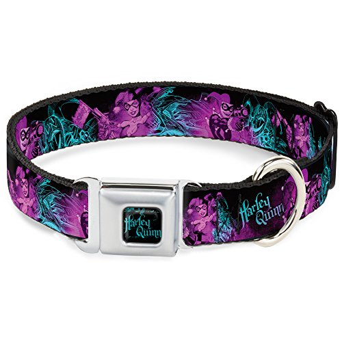 Buckle-Down DC-WJK047-WM Hundehalsband mit Sicherheitsgurt, breit, mittelgroß, Harley Quinn Pow & Aiming Posen/Joker Sketch schwarz/türkis/Fuchsia von Buckle-Down