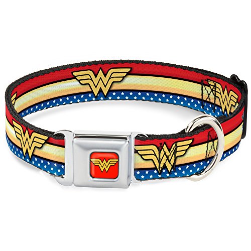 Buckle-Down DC-WWW040-WS Hundehalsband mit Sicherheitsgurt, breit, klein, Wonder Woman-Logo, Streifen/Sterne, Rot/Gold/Blau/Weiß (WW Logo) von Buckle-Down
