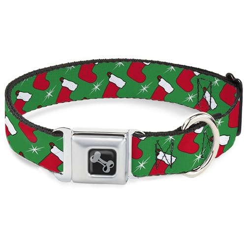 Buckle-Down Hundehalsband, Metall-Sicherheitsgurt-Schnalle, Weihnachtsstrumpf und Stern grün weiß, 33 bis 43 cm, 3,8 cm breit von Buckle-Down