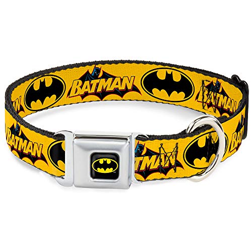 Buckle-Down Hundehalsband mit Sicherheitsgurt-Schnalle, Vintage-Batman-Logo und Fledermaus-Signal, 3,8 cm breit, passend für Halsumfang von 40,6–58,4 cm, Größe M von Buckle-Down