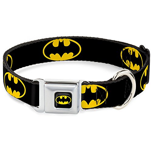 Buckle-Down Hundehalsband mit Sicherheitsgurtschnalle, Batman-Schild, schwarz/gelb, 3,8 cm breit, passend für Halsumfang von 45,7–81,3 cm, Größe L von Buckle-Down