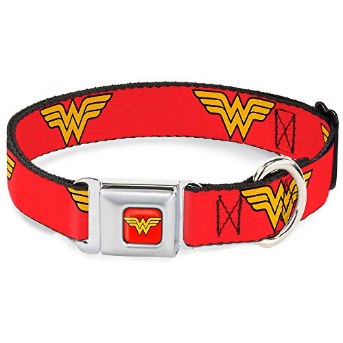 Buckle-Down Hundehalsband mit Sicherheitsgurtschnalle, Wonder Woman-Logo, Rot, 3,8 cm breit, passend für Halsumfang von 40,6–58,4 cm, Größe M von Buckle-Down