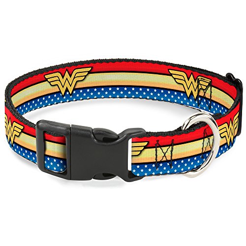 Buckle-Down Kunststoff-Halsband mit Clip, Wonder Woman-Logo, Streifen/Sterne, Rot/Gold/Blau/Weiß, 1,3 cm breit, passend für 15,2–22,9 cm Halsumfang, Größe S von Buckle-Down