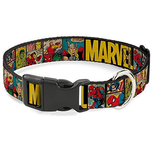 Buckle Down "Marvel/Retro Comic Panels Kunststoff Clip Halsband, schwarz/gelb, 2,5 cm breit – passt 27,9–43,2 cm Nacken – Medium von Buckle-Down