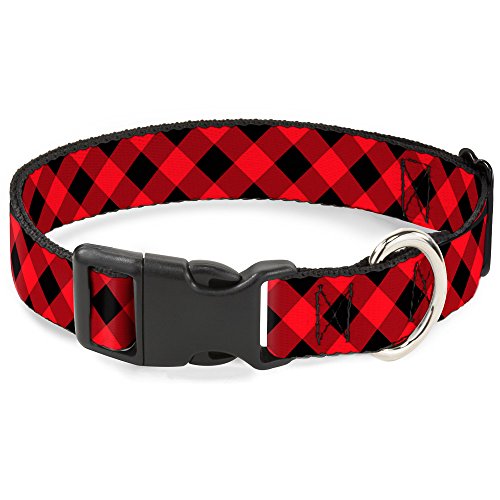 Buckle-Down Plastic Clip Collar - Diagonal Buffalo Plaid Black/Red - 1" Wide - Fits 9-15" Neck - Small von Buckle-Down