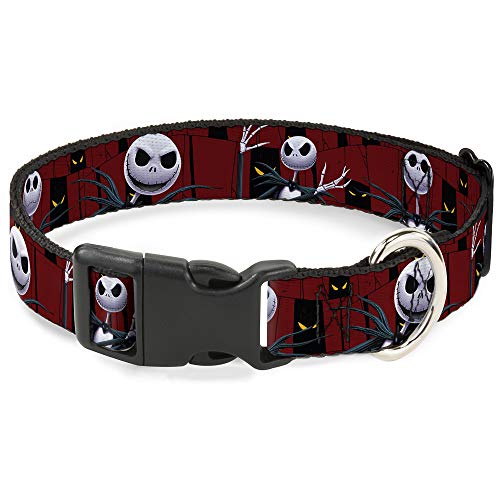 Buckle-Down Plastic Clip Collar - Nightmare Before Christmas 3-Jack Poses/Peeping Eyes Burgundy/Black/Yellow - 1/2" Wide - Fits 6-9" Neck - Small von Buckle-Down