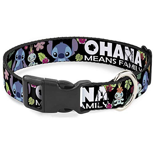 Buckle-Down Plastic Clip Collar - Ohana Means Family/Stitch & Scrump Poses/Tropical Flora Black/White/Multi Color - 1" Wide - Fits 15-26" Neck - Large von Buckle-Down