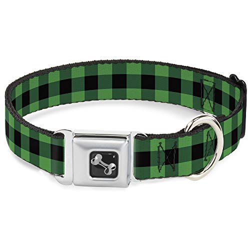 Buckle-Down Seatbelt Buckle Dog Collar - Buffalo Plaid Black/Neon Green - 1" Wide - Fits 11-17" Neck - Medium von Buckle-Down