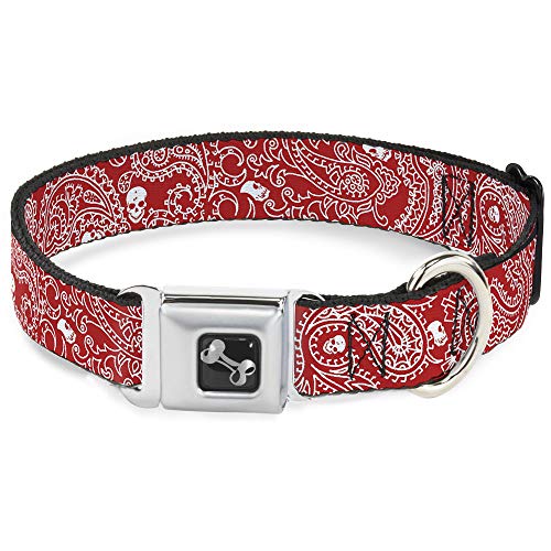 Buckle-Down Sicherheitsgurt-Schnalle, Hundehalsband, Bandana/Totenköpfe, Rot/Weiß, 3,8 cm breit, passend für Halsumfang von 45,7–81,3 cm, Größe L von Buckle-Down