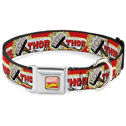 Buckle-Down Hundehalsband, Sicherheitsgurt-Schnalle, Thor-Hammer, rot, gelb, weiß, 45,7 bis 81,3 cm, 3,8 cm breit, Mehrfarbig (DC-WTH005-WL) von Buckle-Down