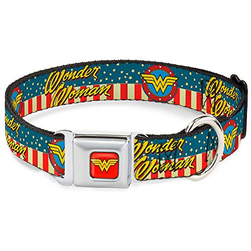 Dog Collar Seatbelt Buckle Wonder Woman Logo Americana Red White Blue Yellow 18 to 32 Inches 1.5 Inch Wide von Buckle-Down