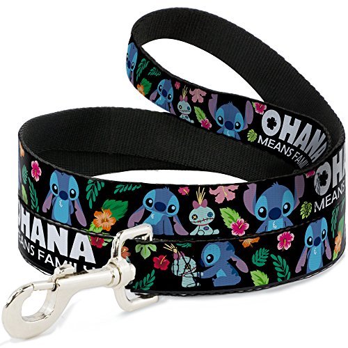 Dog Leash Ohana Means Family Stitch Scrump Poses Tropical Flora Black 6 Feet Long 1.0 Inch Wide von Buckle-Down