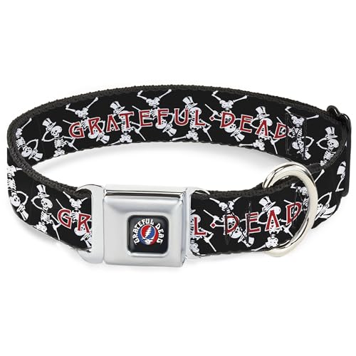 Grateful Dead Haustier-Halsband, Metall-Sicherheitsgurtschnalle, Grateful Dead Dancing Skelette und Text Schwarz Weiß Rot, 38,1 cm bis 61 cm 2,5 cm breit von Buckle-Down