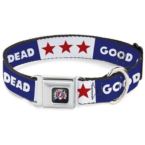 Grateful Dead Hundehalsband, Metall-Sicherheitsgurtschnalle, Text mit Aufschrift "Good Ol Grateful Dead" und Sternen, Blau, Weiß, Rot, 33 bis 43 cm, 3,8 cm breit von Buckle-Down