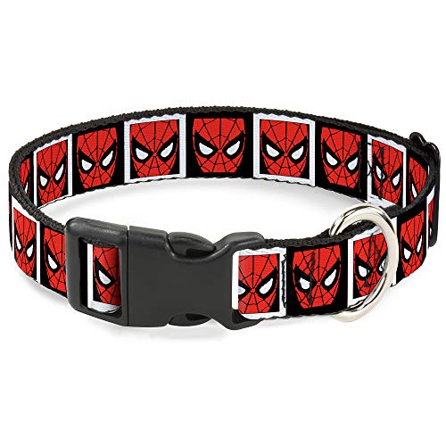 Buckle-Down Hundehalsband, Kunststoff-Clip, Spider-Man-Gesicht, schwarz-weiße Blöcke, Mehrfarbig, 1,27 cm breit – passend für 20,3–30,5 cm Halsumfang, Größe M (PC-WSPD021-NM) von Buckle-Down