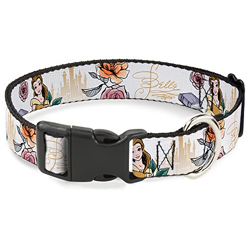 Hundehalsband, Plastikclip, Die Schöne und das Biest, Belle Pose mit Schrift und Blumen, Weiß, 50,8 bis 78,9 cm, 3,8 cm breit von Buckle-Down