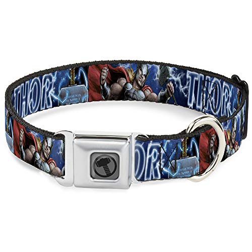 Hundehalsband, mit Schnalle, Avengers Thor Hammer Action Pose Galaxy Blues White 28,9 bis 43,2 cm breit von Buckle-Down
