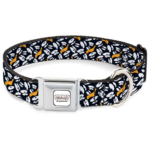 Looney Tunes Haustierhalsband, Hundehalsband, Metall-Sicherheitsgurtschnalle, Daffy Duck Expression und Augen verstreut, Schwarz / Weiß, 40,6 bis 58,9 cm, 3,8 cm breit von Buckle-Down