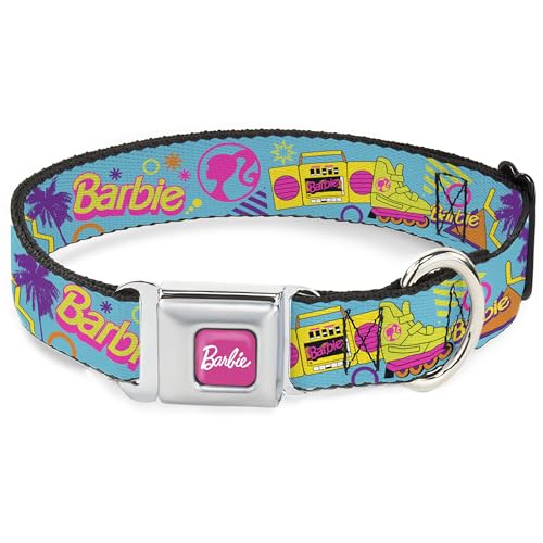 Mattel Haustier-Halsband, Metall-Sicherheitsgurtschnalle, Barbie-Achtziger-Symbole, hellblau, mehrfarbig, 33 bis 43 cm, 3,8 cm breit von Buckle-Down