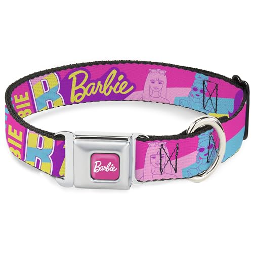 Mattel Hundehalsband, Metall-Sicherheitsgurtschnalle, Barbie-Text und Puppencollage, Rosa, mehrfarbig, 33 bis 43 cm, 3,8 cm breit von Buckle-Down