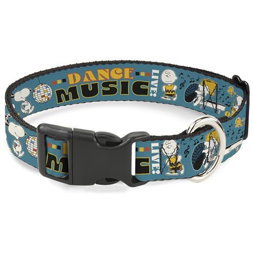 Peanuts Worldwide LLC Hundehalsband, Kunststoffschnalle, Erdnüsse, Gang-Tanz, Musikposen und Zitate, Blau, mehrfarbig, 24,1 bis 33 cm, 2,5 cm breit von Buckle-Down