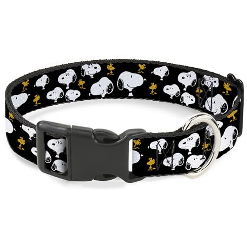Peanuts Worldwide LLC Hundehalsband, Kunststoffschnalle, Peanuts Snoopy und Woodstock Posen, verstreut, Schwarz, 21,6 bis 30,5 cm, 1,3 cm breit von Buckle-Down