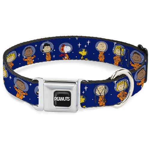 Peanuts Worldwide LLC Hundehalsband, Metall-Sicherheitsgurtschnalle, Erdnuss-Gangen-Astronauten, Stehposen, Sterne, Blau-Weiß, 28,9 cm bis 41,5 cm 2,5 cm breit von Buckle-Down