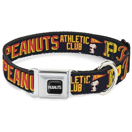 Peanuts Worldwide LLC Hundehalsband, Metall-Sicherheitsgurtschnalle, Peanuts Athletic Club Posen und Zitate, Schwarz, Rot, Gelb, 38,1 cm bis 61 cm, 2,5 cm breit von Buckle-Down