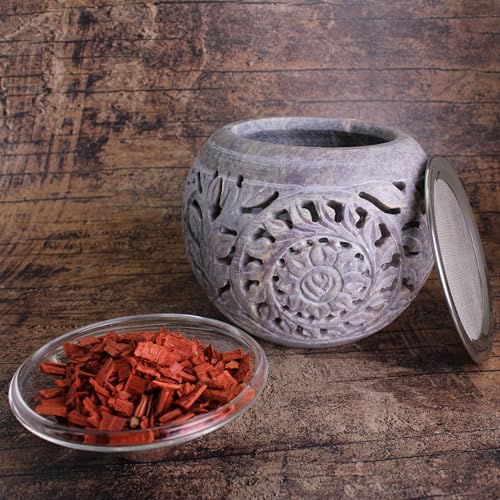 Budawi® Elegantes Räucherstövchen Räuchergefäß aus Speckstein inkl. Sieb - Handgefertigt mit filigranen Blumenmotiven von Budawi