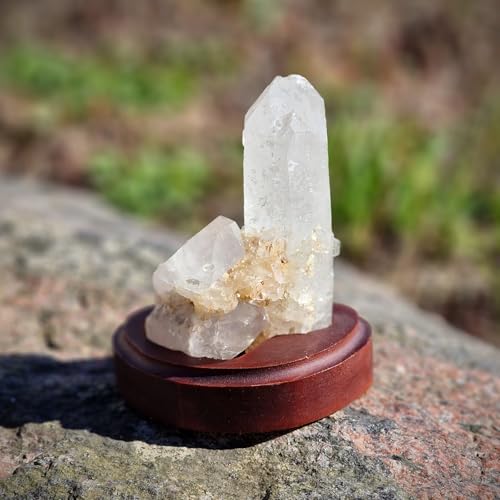 Budawi® Kleine Bergkristall-Stufe auf Holzsockel – Natürlicher Kristall als edle Dekoration – Unikat aus echtem Bergkristall – Klarer Edelstein zur Raumgestaltung & Inspiration von Budawi