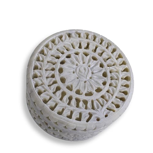 Budawi® Räucherdose aus Speckstein – Handgeschnitzte runde Dose Ø 10 cm – Räuchergefäß & Aufbewahrungsbox – Schuckdose - Naturstein-Dose mit Ornamenten von Budawi