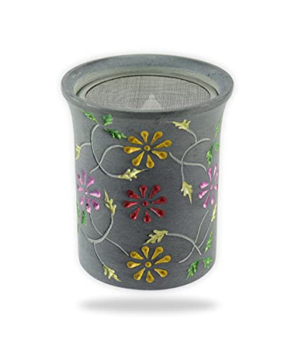 Budawi® Räucherstövchen Speckstein 9 cm hoch mit Edelstahlsieb 65 mm bunt floral handgearbeitet Stövchen für Räucherkegel Harz Kräuter Aromatherapie Meditation Deko Geschenk orientalisch von Budawi