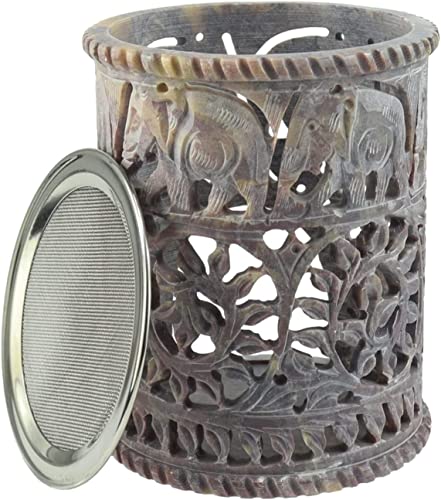 Budawi® Räucherstövchen aus Speckstein mit Edelstahlsieb – Handgeschnitzt mit Elefanten- und Blumenmotiv – Höhe 11,5 cm Ø 9 cm – Räuchergefäß für Harze, Kräuter & Räuchermischungen von Budawi