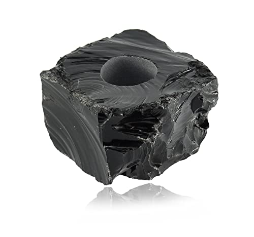 Budawi® handgefertigter Schwarzer Obsidian Teelichthalter Rohstein Kerzenhalter aus Obsidian Edelstein von Budawi