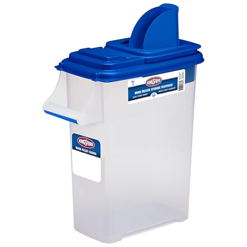 Buddeez Kingsford Pelletspender mit Klappauslauf, stapelbarer Aufbewahrungsbehälter für Holz und Grill, transparenter Körper mit blauem Deckel, 1 Stück von Buddeez