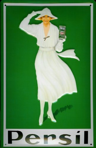 Buddel-Bini Versand Blechschild Nostalgieschild Persil grün mit Frau Waschpulver Werbeschild von Buddel-Bini Versand