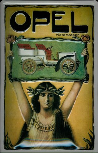 Buddel-Bini Versand Blechschild Opel Motorwagen Oldtimer Auto Schild, Retro KFZ Reklame, 20 x 30 cm, Metall, Rechteckig, Wandmontage, Rot von Buddel-Bini Versand