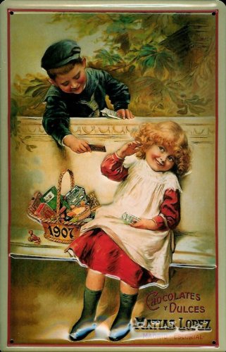 Buddel-Bini Versand Blechschild Lopez Chocolates Kinder Schokolade Schild Nostalgieschild Reklameschild von Buddel-Bini Versand