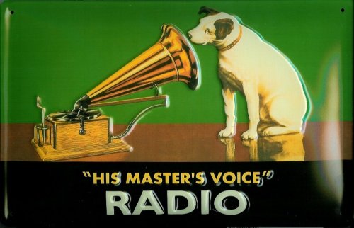 Buddel-Bini Versand Blechschild Nostalgieschild His Masters Voice Radio Hund Querformat Retro Schild von Buddel-Bini Versand