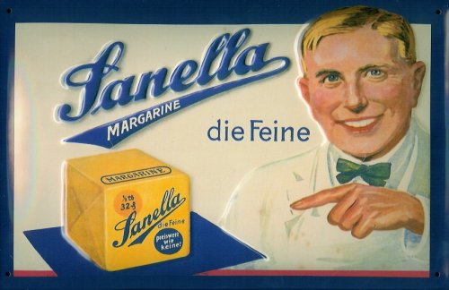 Buddel-Bini Versand Blechschild Nostalgieschild Sanella Margarine Würfel Retro Schild Werbeschild Reklame von Buddel-Bini Versand