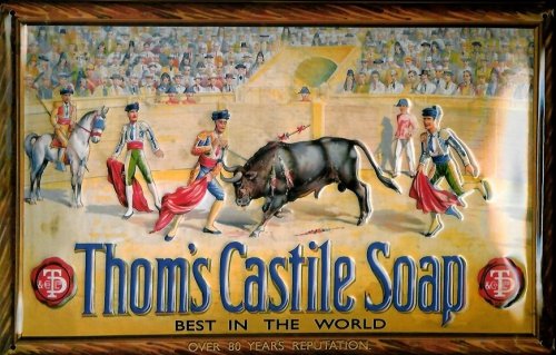 Buddel-Bini Versand Blechschild Thoms Castile Soap Stierkampf Torero Stier Schild Nostalgieschild von Buddel-Bini Versand