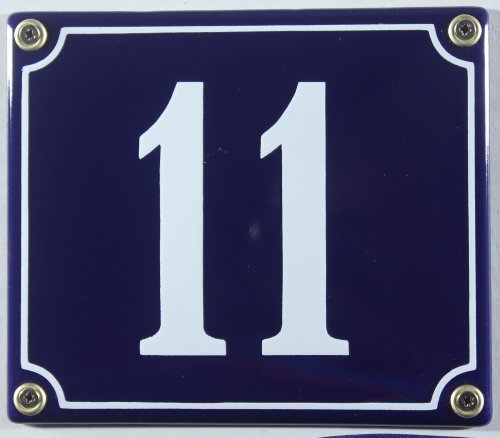 Emaille Hausnummernschild - Wählen Sie Ihre Nummer - Zahlen 1 bis 30 verfügbar - blau/weiß 12x12 cm und 12x14cm - sofort lieferbar! Hausnummer Schild wetterfest und lichtecht (11 blau/weiß 12x14cm) von Buddel-Bini Versand