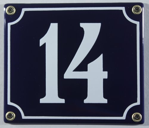 Emaille Hausnummernschild - Wählen Sie Ihre Nummer - Zahlen 1 bis 30 verfügbar - blau/weiß 12x12 cm und 12x14cm - sofort lieferbar! Hausnummer Schild wetterfest und lichtecht (14 blau/weiß 12x14cm) von Buddel-Bini Versand