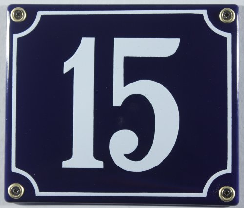 Emaille Hausnummernschild - Wählen Sie Ihre Nummer - Zahlen 1 bis 30 verfügbar - blau/weiß 12x12 cm und 12x14cm - sofort lieferbar! Hausnummer Schild wetterfest und lichtecht (15 blau/weiß 12x14cm) von Buddel-Bini Versand