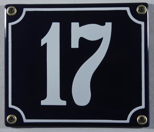 Emaille Hausnummernschild - Wählen Sie Ihre Nummer - Zahlen 1 bis 30 verfügbar - blau/weiß 12x12 cm und 12x14cm - sofort lieferbar! Hausnummer Schild wetterfest und lichtecht (17 blau/weiß 12x14cm) von Buddel-Bini Versand