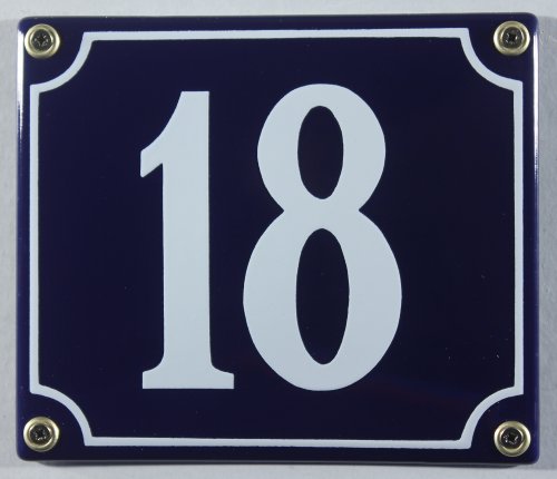 Emaille Hausnummernschild - Wählen Sie Ihre Nummer - Zahlen 1 bis 30 verfügbar - blau/weiß 12x12 cm und 12x14cm - sofort lieferbar! Hausnummer Schild wetterfest und lichtecht (18 blau/weiß 12x14cm) von Buddel-Bini Versand